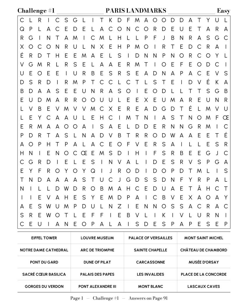 French Word Search interior — French cuisine patisserie and wine vocabulary puzzle grid large print