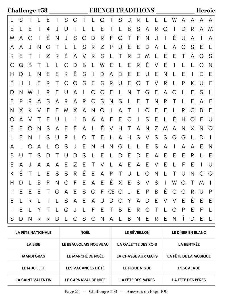 French Word Search — French literature Existentialism and fashion puzzle page