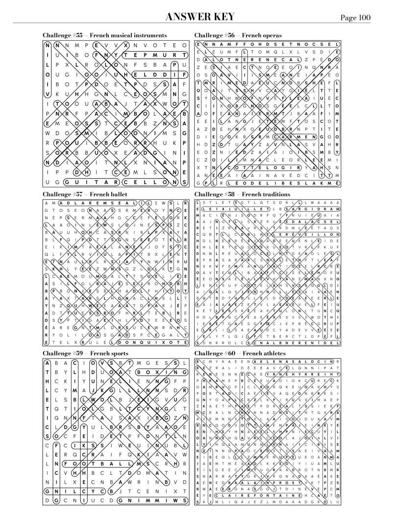 French Word Search answer key — 6 puzzle solutions per answer page