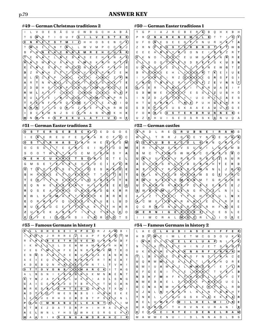 German Word Search answer key — 6 puzzle solutions per answer page