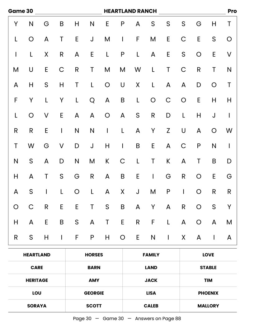 Heartland Word Search interior — Amy Ty and Fleming-Bartlett family characters puzzle grid large print