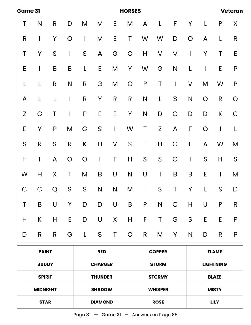 Heartland Word Search — horses and ranch animals word find puzzle page