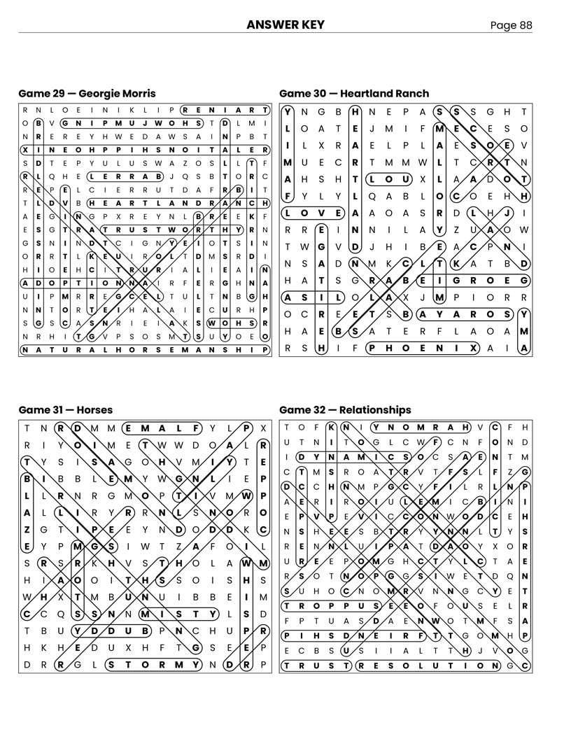 Heartland Word Search answer key — 4 puzzle solutions per answer page