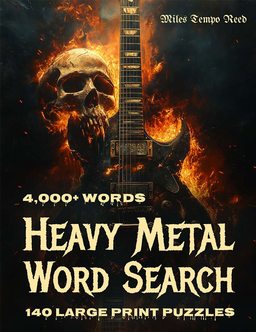 Heavy Metal Word Search large print puzzle book cover — 140 puzzles across thrash, death, black, doom, viking and 30+ metal subgenres