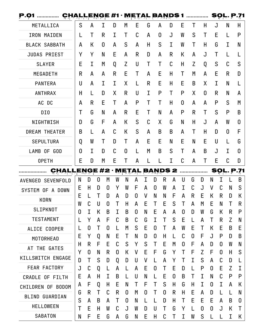 Heavy Metal Word Search interior — thrash and speed metal bands puzzle grid large print