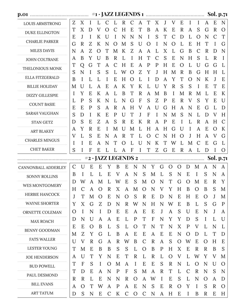 Jazz Blues Word Search interior — bebop and hard bop legends puzzle grid large print