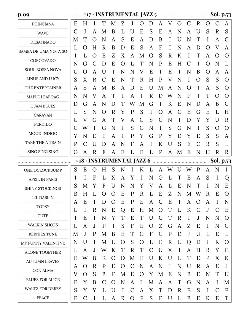 Jazz Blues Word Search — New Orleans jazz and Latin jazz word search grid
