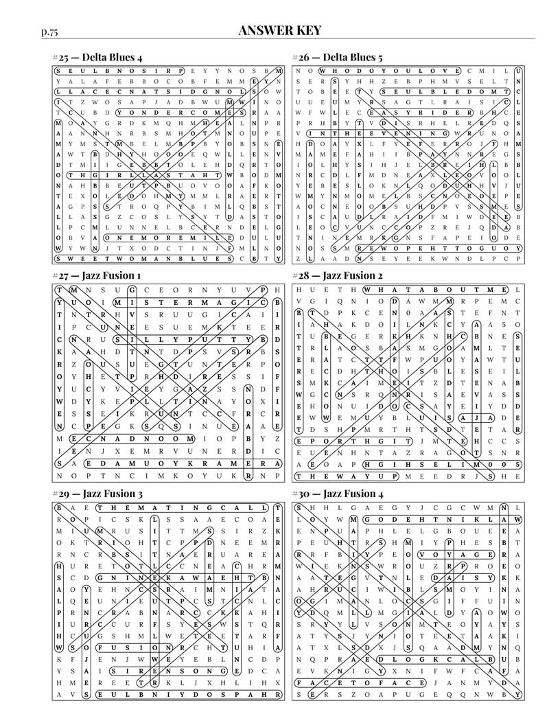 Jazz Blues Word Search answer key — 6 puzzle solutions per answer page