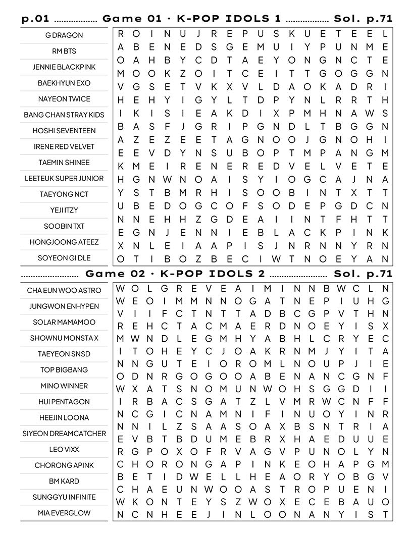 Kpop Word Search interior — boy group and girl group idol names puzzle grid large print