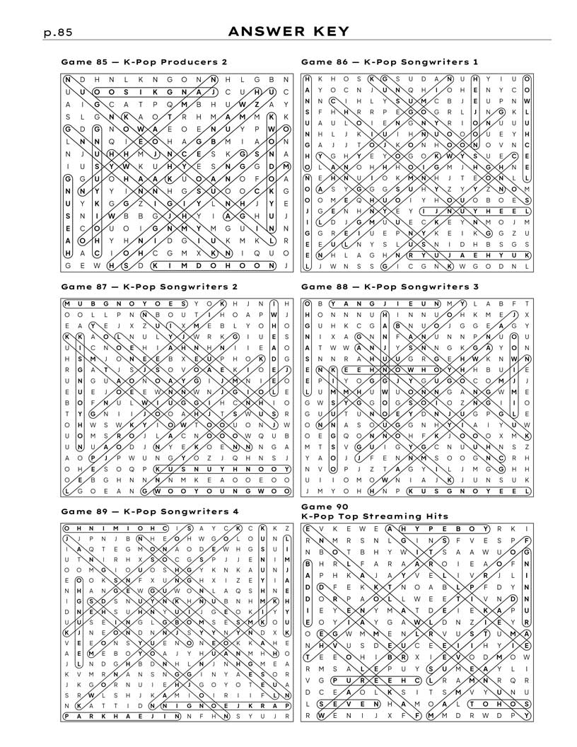 Kpop Word Search answer key — 6 puzzle solutions per answer page