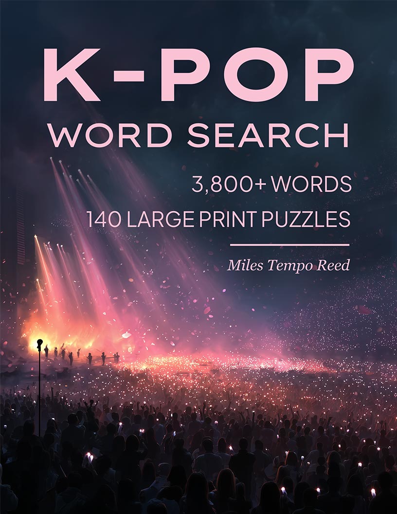 Kpop Word Search large print puzzle book cover — 140 puzzles across idols, groups, albums, comebacks and all 4 generations