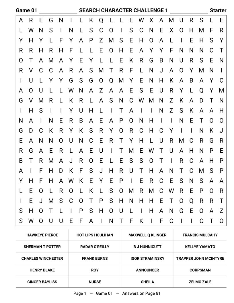 MASH Word Search interior — Hawkeye BJ Radar and full cast puzzle grid large print