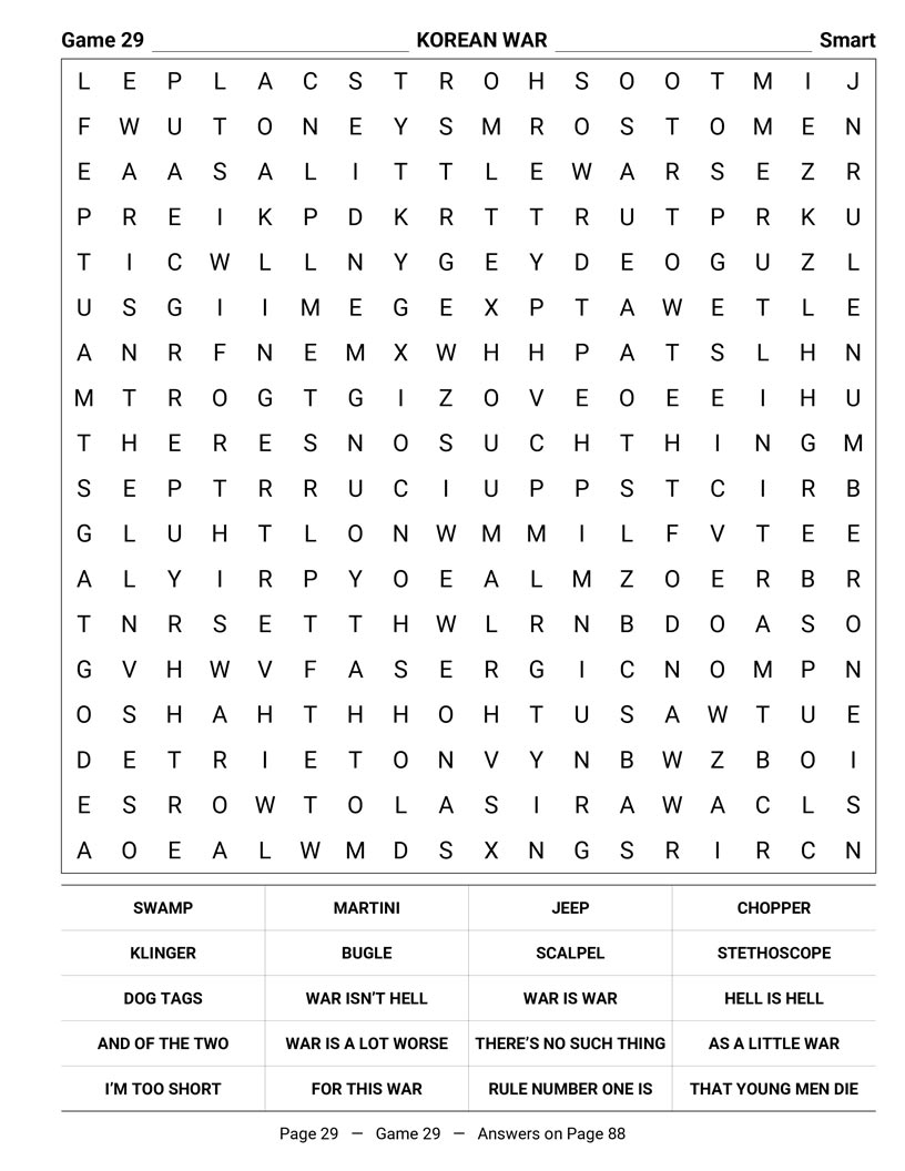 MASH Word Search — the Swamp OR and 4077th life word find puzzle page