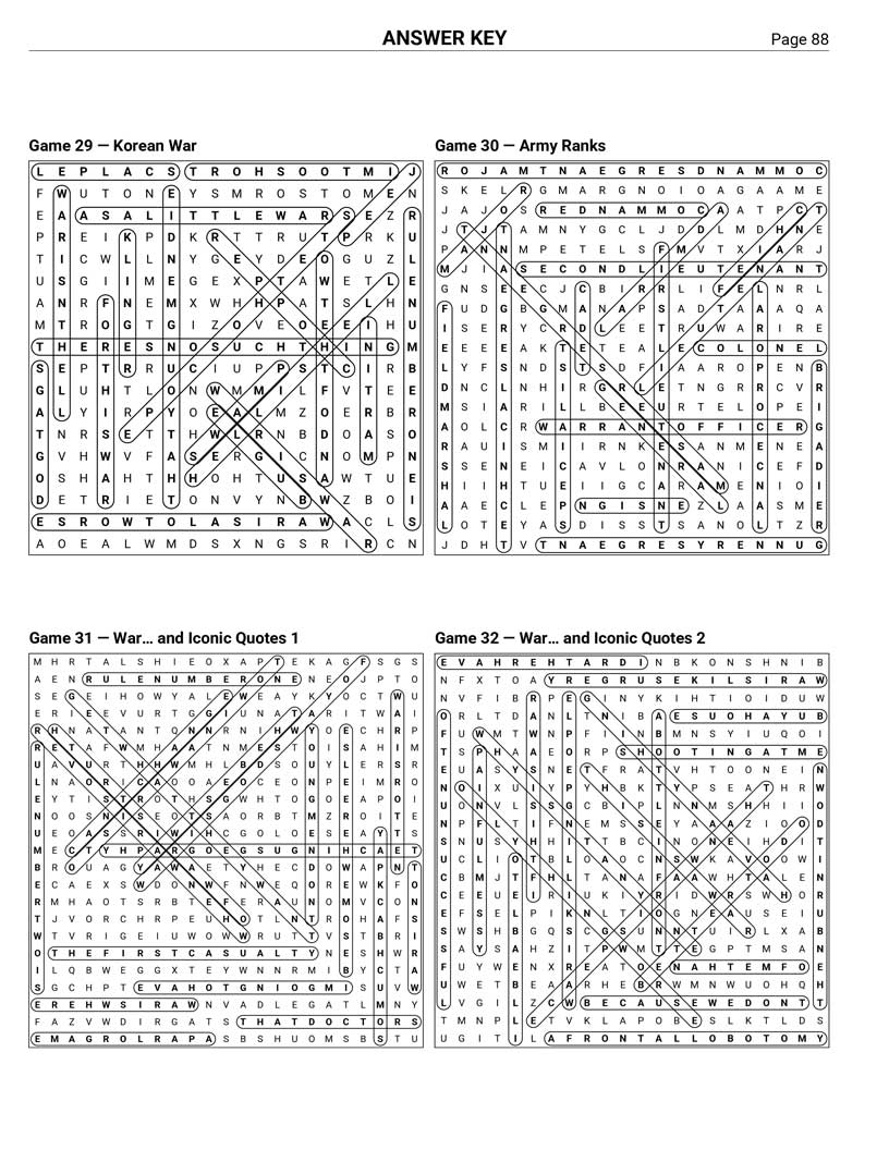MASH Word Search answer key — 4 puzzle solutions per answer page