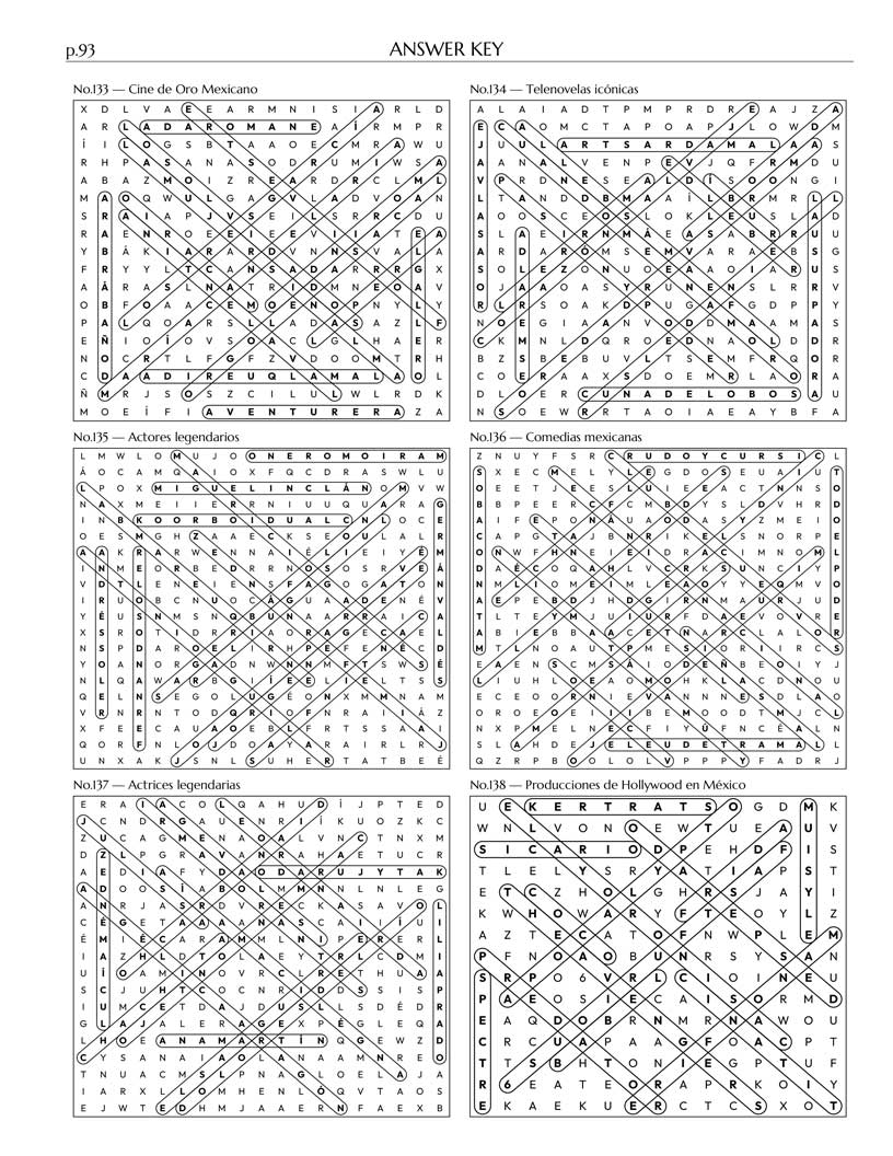 Mexican Word Search answer key — 6 puzzle solutions per answer page
