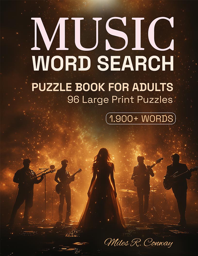 Music Word Search Puzzle Book large print cover — 96 puzzles across every genre from blues and jazz to rock hip-hop classical and K-pop