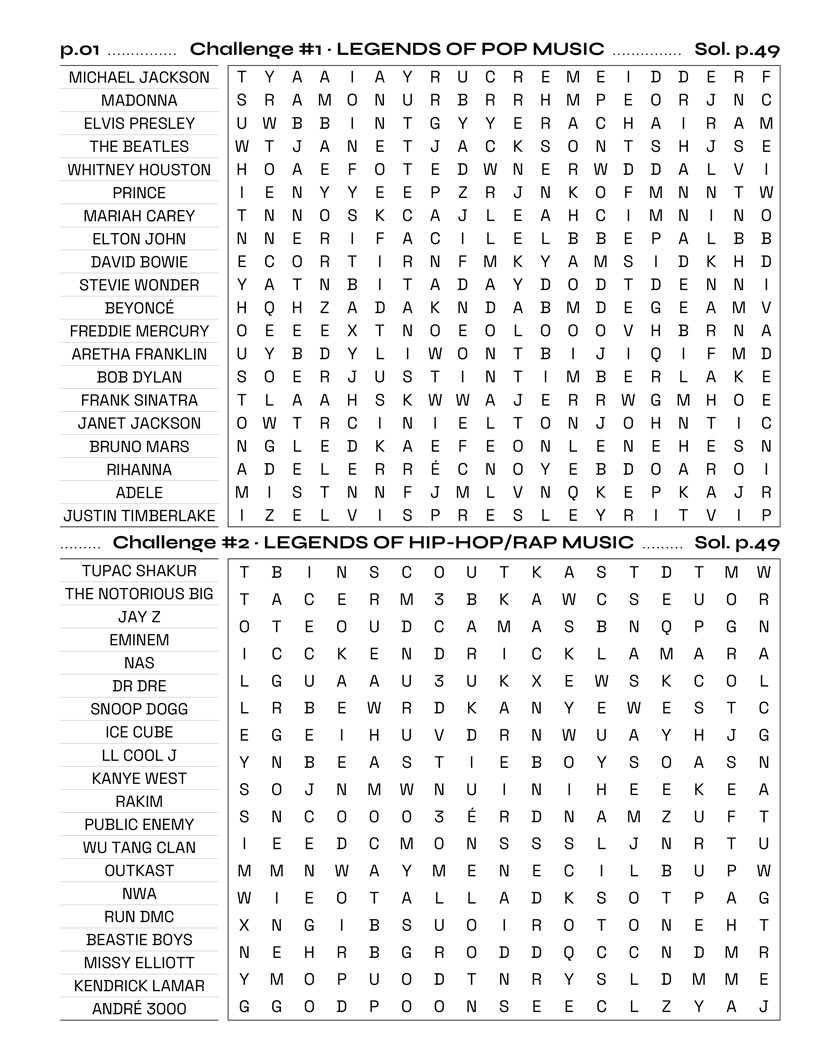 Music Word Search interior — blues and jazz legends dedicated puzzle grid large print