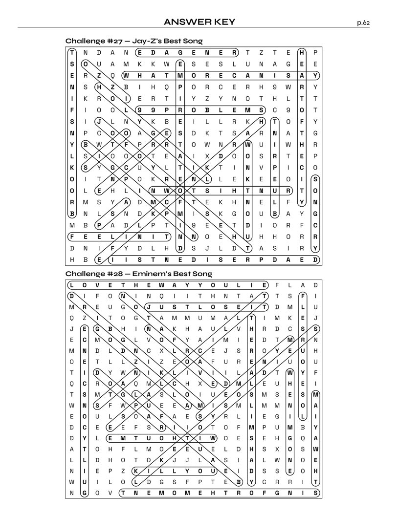 Music Word Search answer key page — 2 puzzle solutions per answer grid