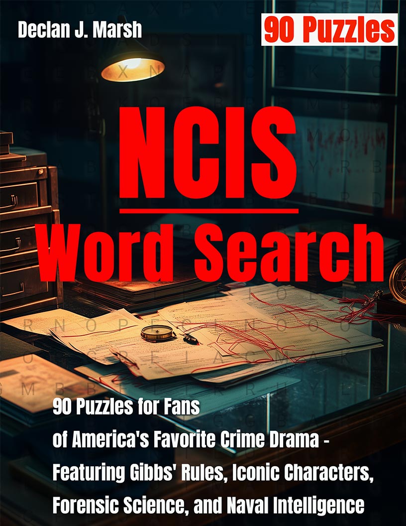 NCIS Word Search large print puzzle book cover — 90 puzzles across Gibbs Rules, iconic characters, forensic science and naval intelligence
