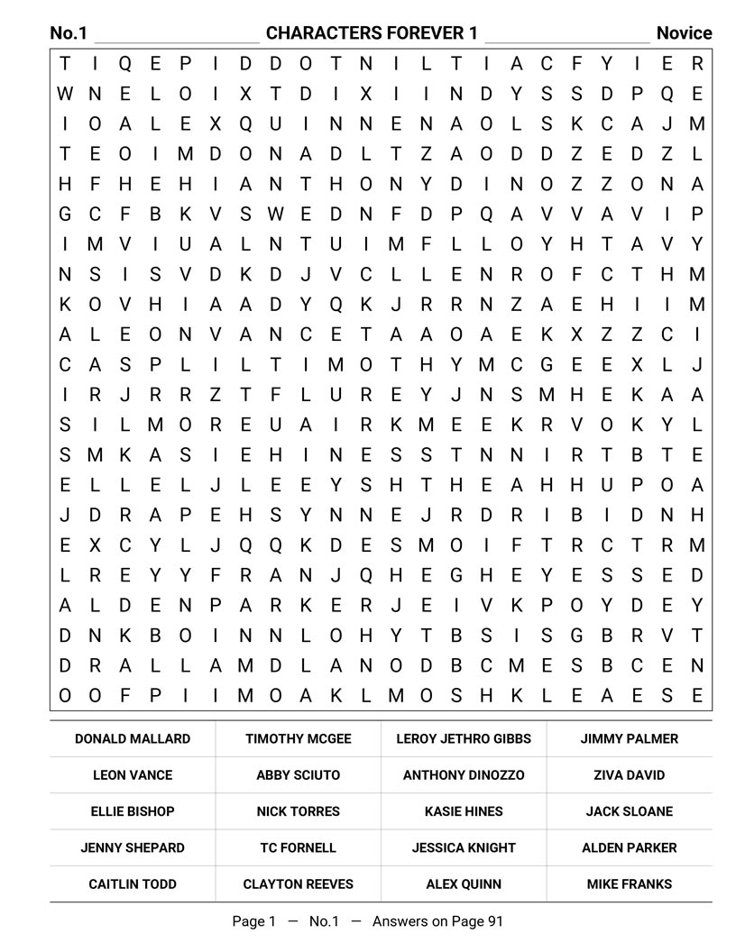 NCIS Word Search interior — Gibbs Rules and team dynamics puzzle grid large print