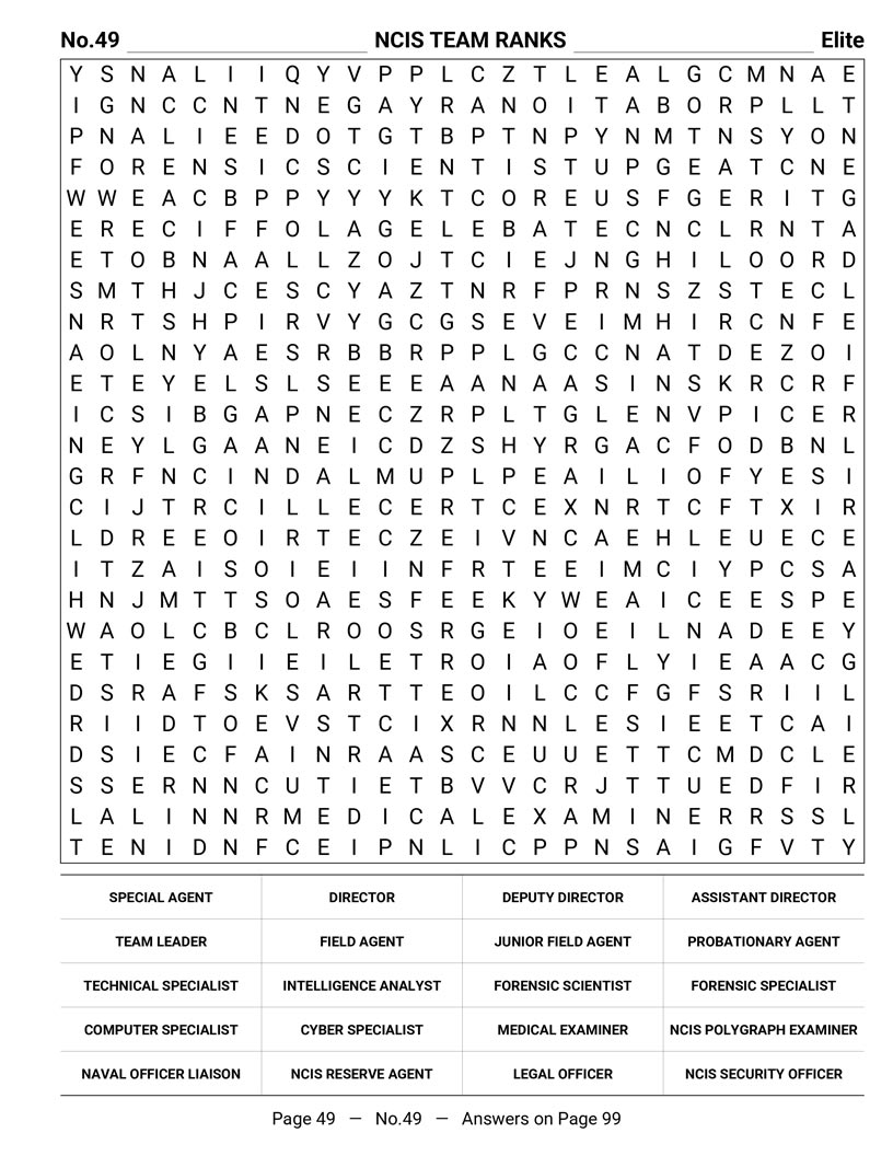 NCIS Word Search — long-running story arcs and season cases puzzle page