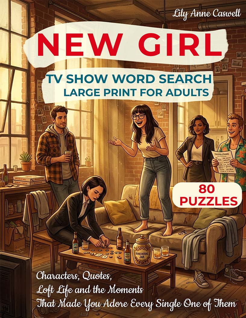 New Girl Word Search large print puzzle book cover — 80 puzzles across characters, quotes, loft life and every season of the show