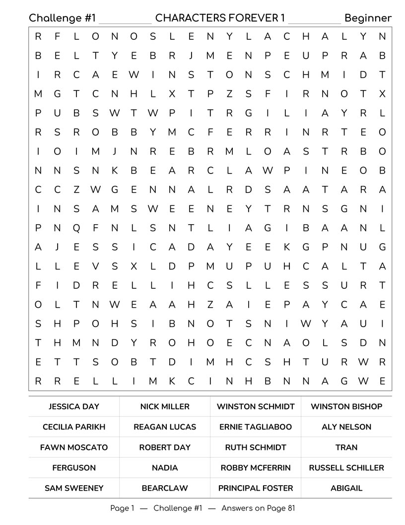 New Girl Word Search interior — main characters and recurring guests puzzle grid large print