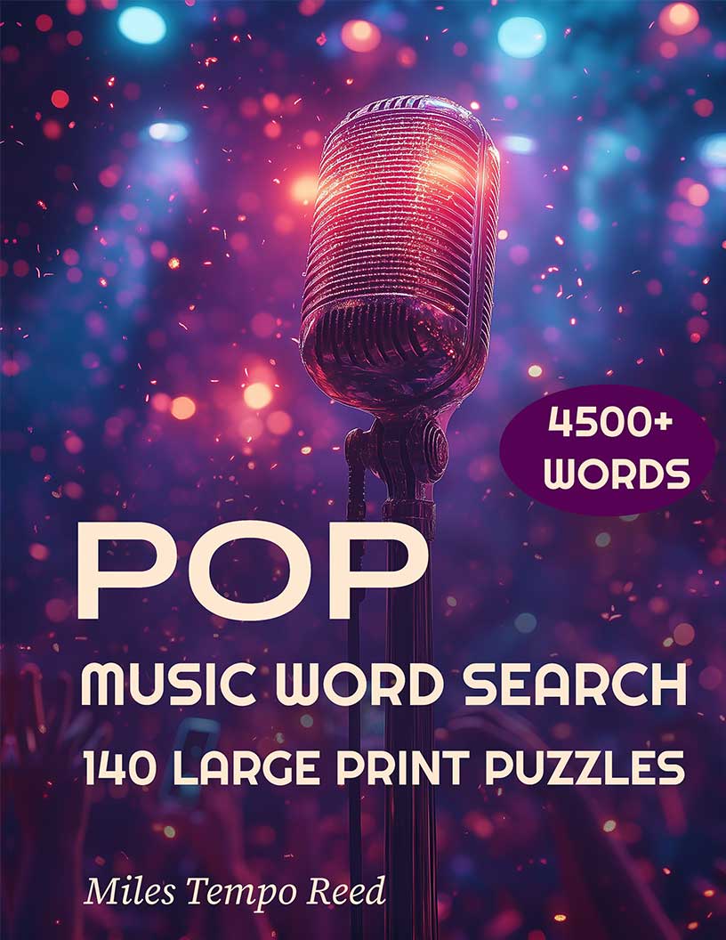 Pop Music Word Search large print puzzle book cover — 140 puzzles across 60s 70s 80s 90s 2000s and every decade of pop music