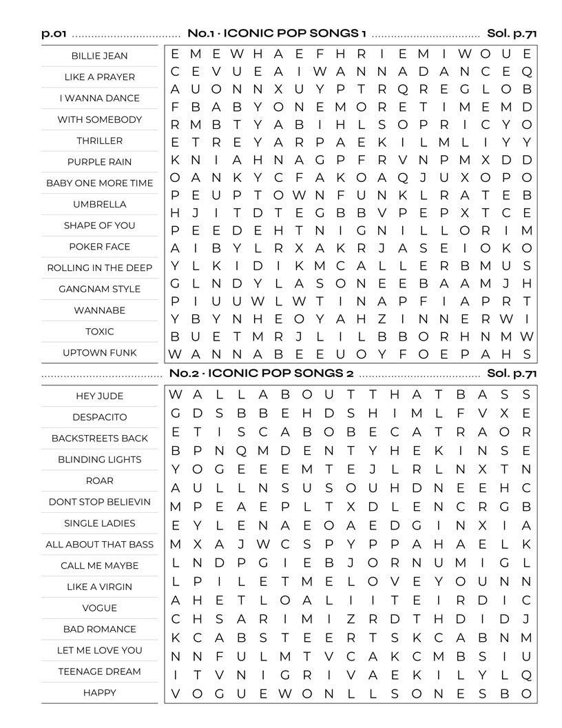 Pop Music Word Search interior — 60s pop icons and Motown crossover puzzle grid large print