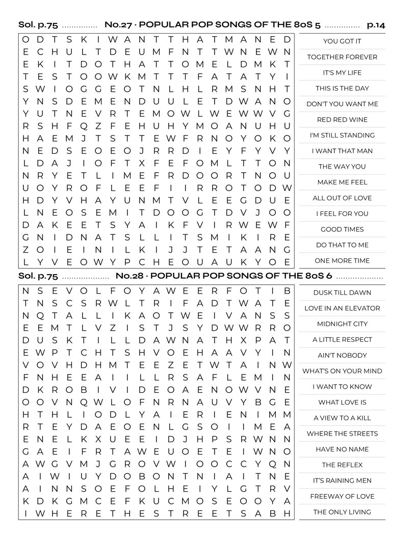 Pop Music Word Search — 80s synth-pop new wave and power ballads word find puzzle page