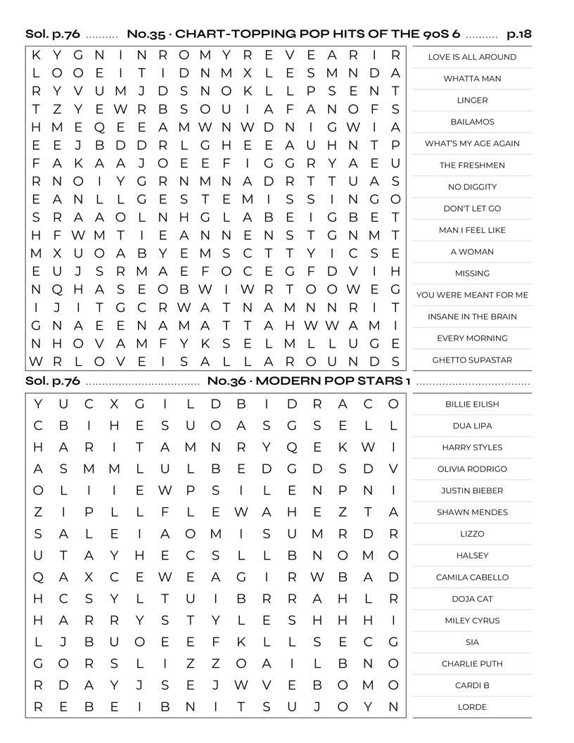 Pop Music Word Search — 90s boy bands girl groups and teen pop word search grid