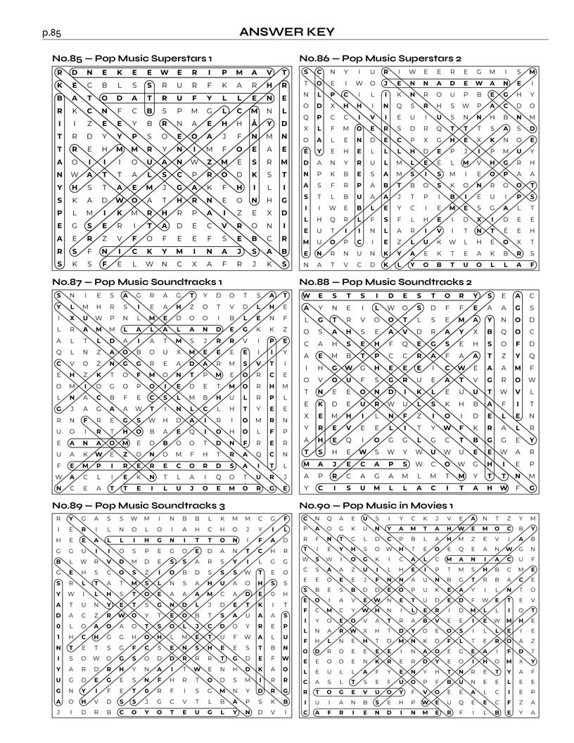 Pop Music Word Search answer key — 6 puzzle solutions per answer page