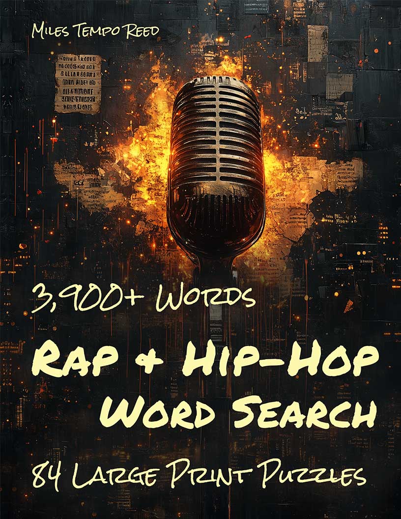 Rap and Hip-Hop Word Search large print puzzle book cover — 84 puzzles across rap legends, golden age icons, classic bars and every hip-hop era