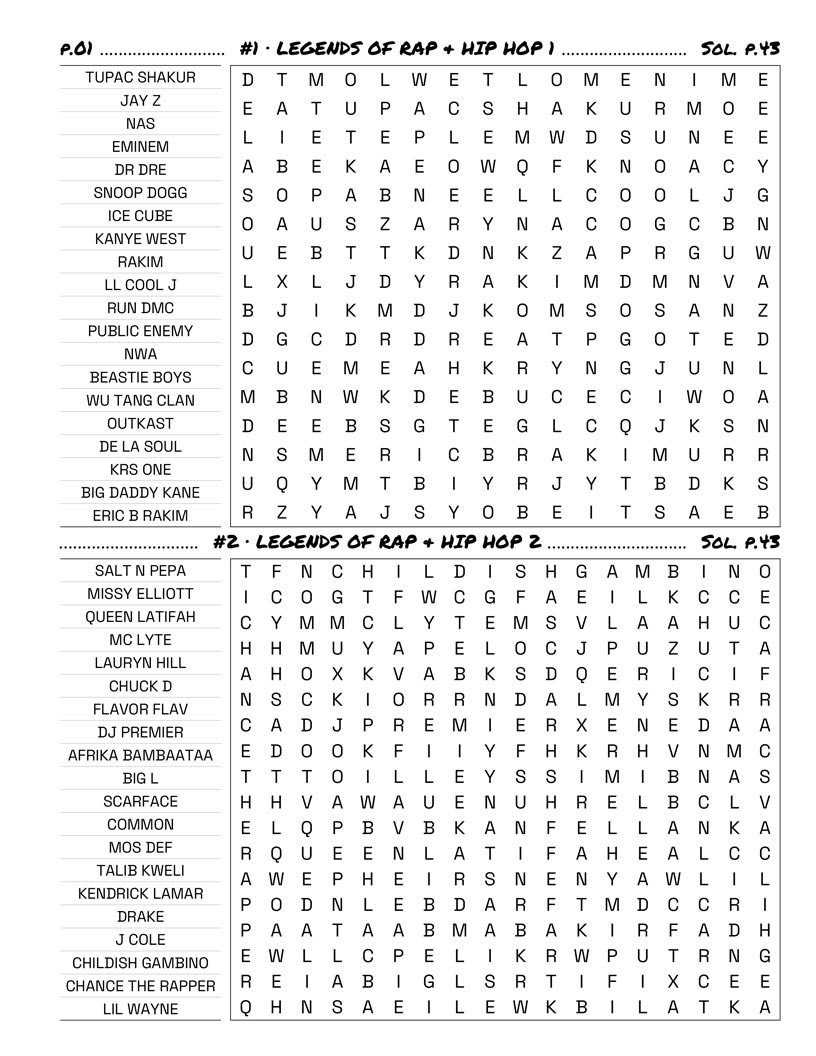 Rap Hip-Hop Word Search interior — old school pioneers and founding fathers puzzle grid large print