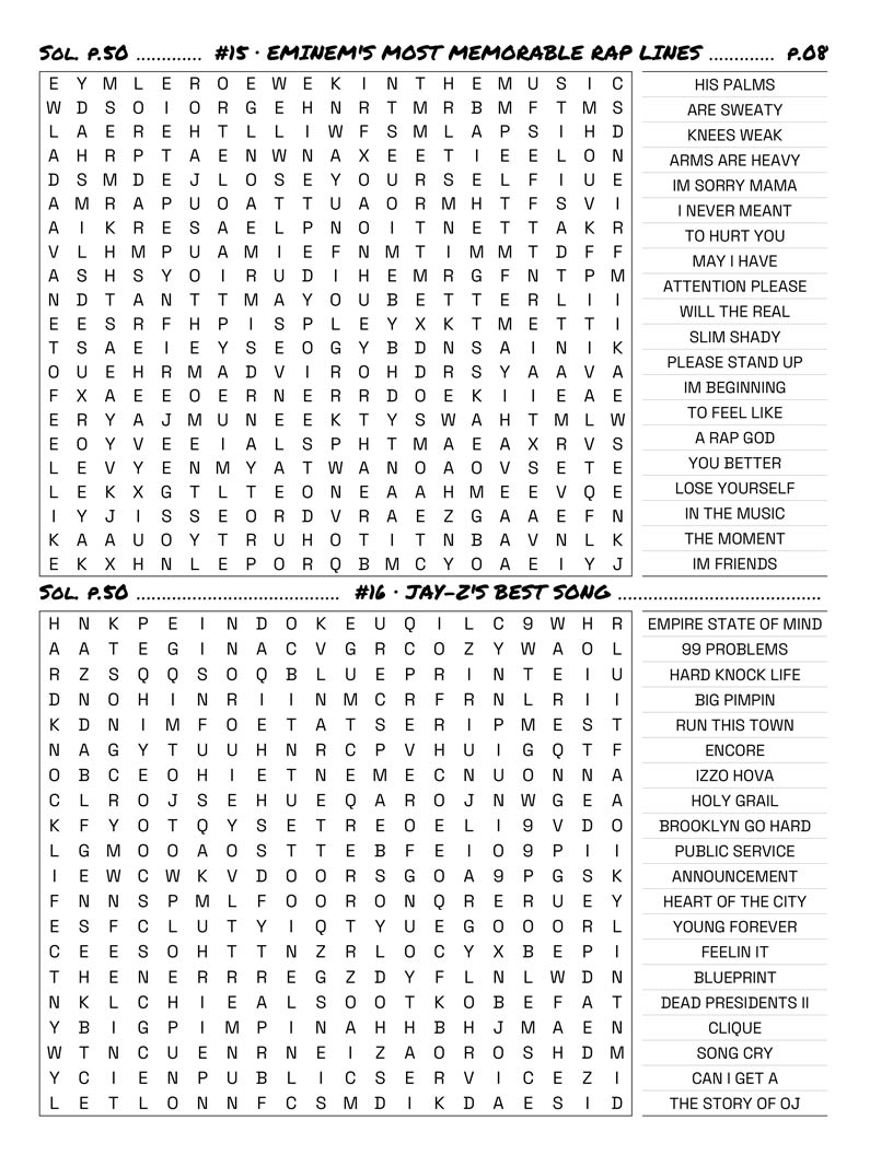 Rap Hip-Hop Word Search — classic album titles and legendary bars word search grid