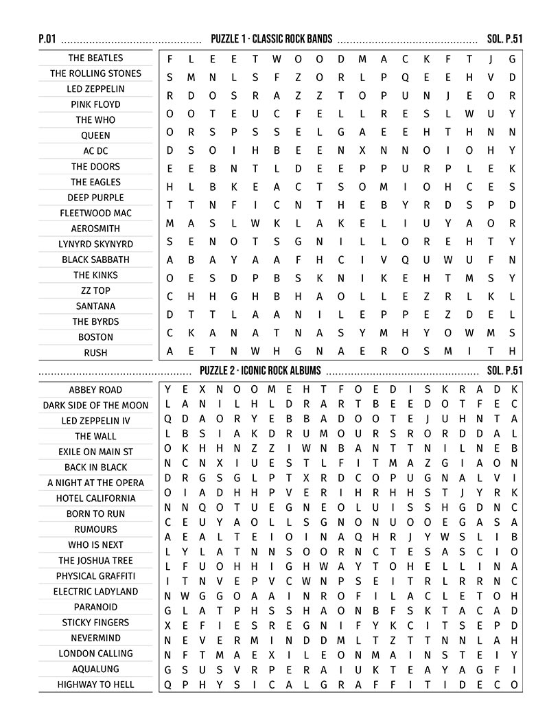 Rock Music Word Search interior — classic rock bands and guitarists puzzle grid large print