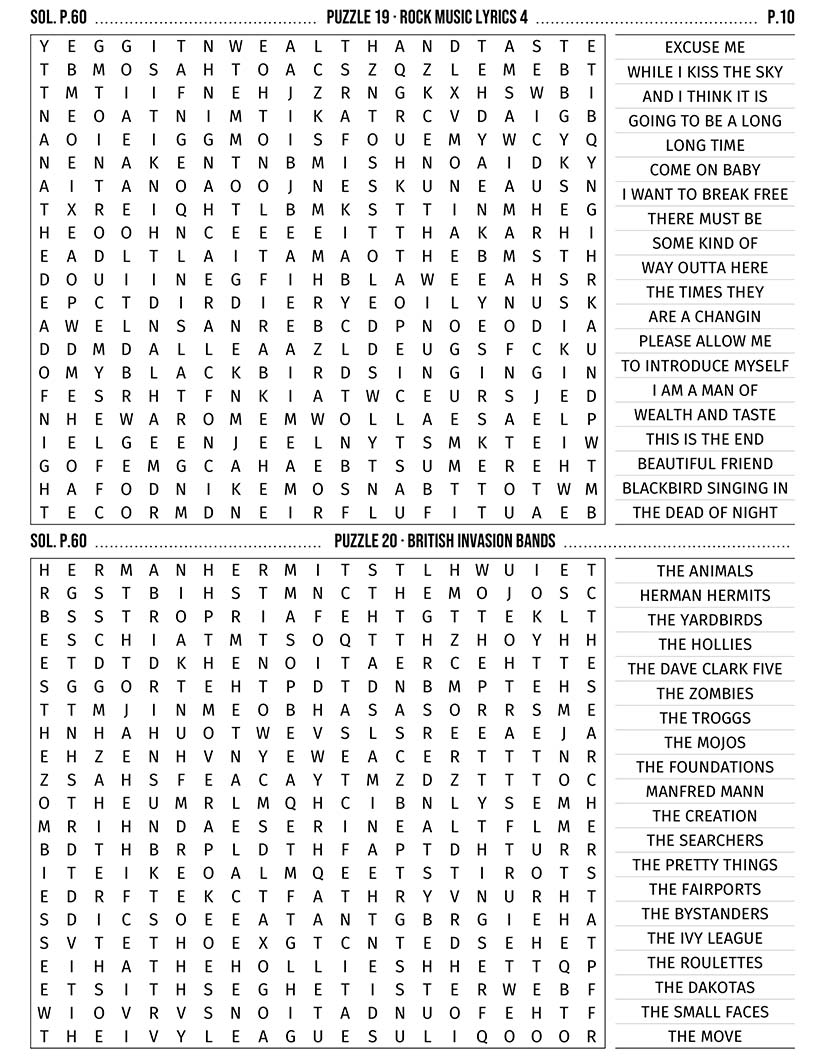 Rock Music Word Search — punk and new wave bands word search grid