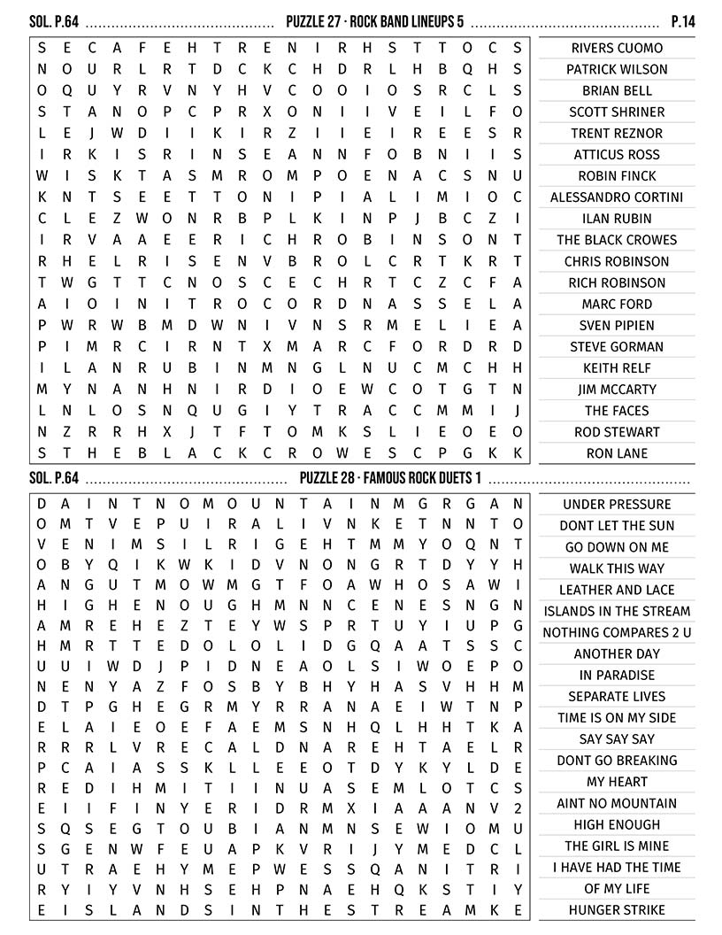 Rock Music Word Search — 90s grunge and alternative artists puzzle page
