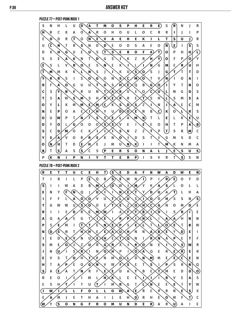 Rock Music Word Search answer key page — 2 puzzles per answer grid