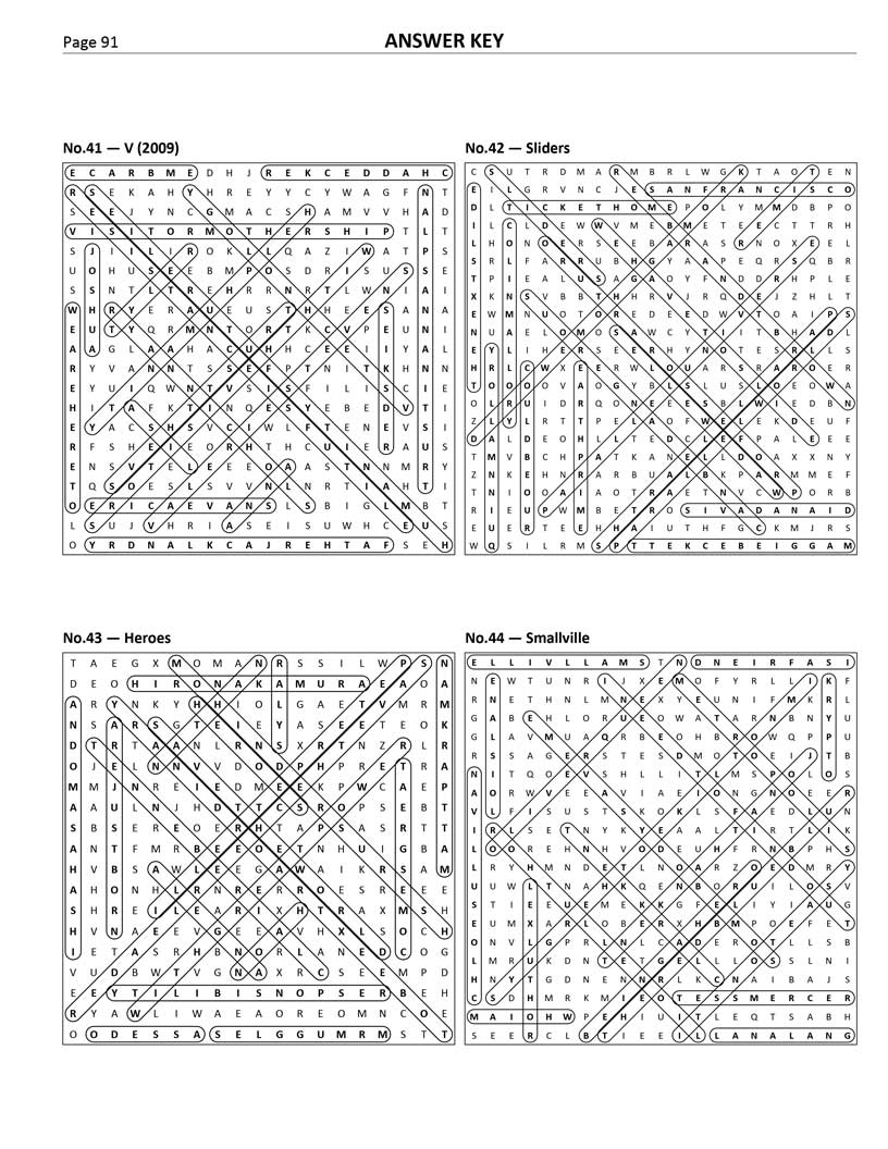 Sci-Fi TV Word Search answer key — 4 puzzle solutions per answer page