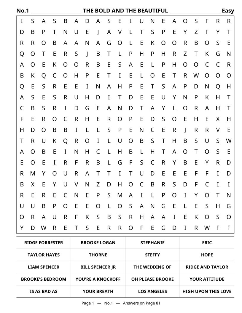 Soap Opera Word Search interior — classic soap families and fictional towns puzzle grid large print