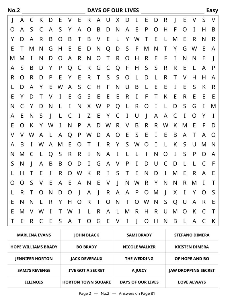 Soap Opera Word Search — love triangles and affairs across decades word find puzzle page