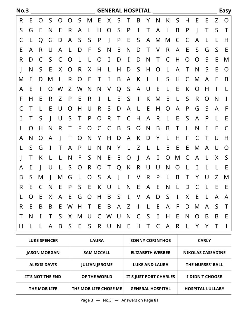 Soap Opera Word Search — secret identities and returns from the dead word search grid