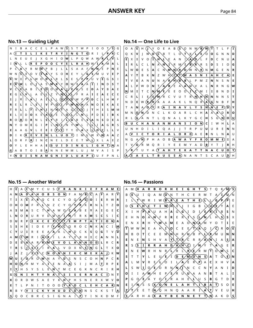 Soap Opera Word Search answer key — 4 puzzle solutions per answer page