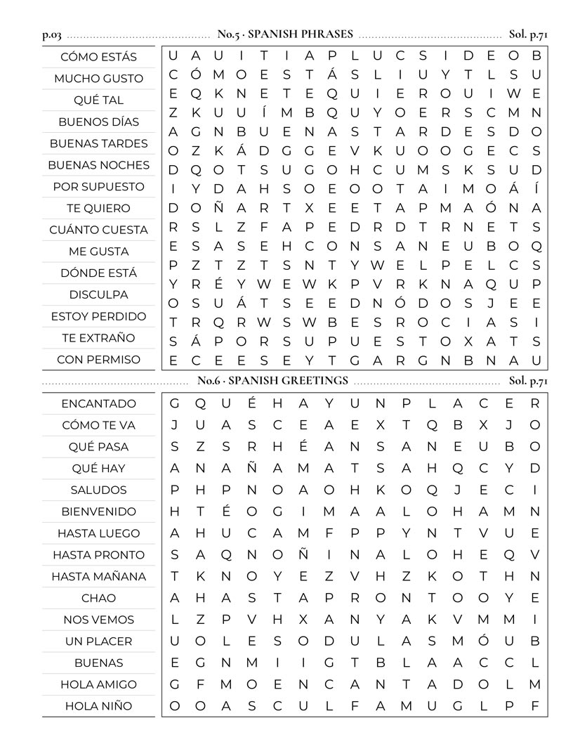 Spanish Word Search interior — core Spanish vocabulary and daily life puzzle grid large print