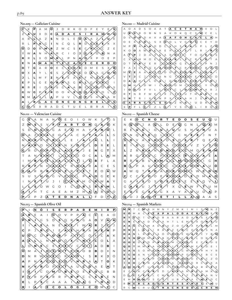 Spanish Word Search answer key — 6 puzzle solutions per answer page