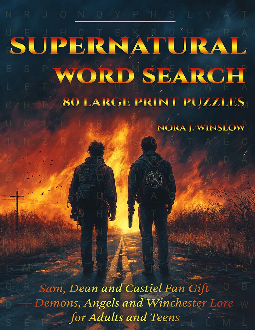 Supernatural Word Search large print puzzle book cover — 80 puzzles across Sam Dean Castiel Winchester lore and all fifteen seasons
