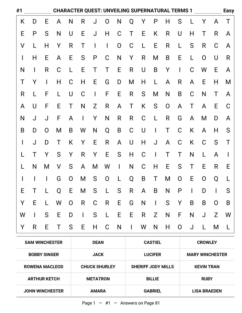 Supernatural Word Search interior — Sam Dean and Castiel characters puzzle grid large print