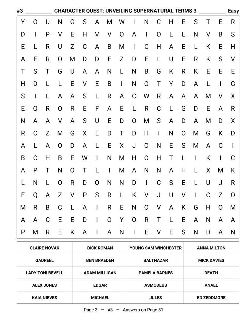 Supernatural Word Search — hunter culture Impala and road mythology word search grid