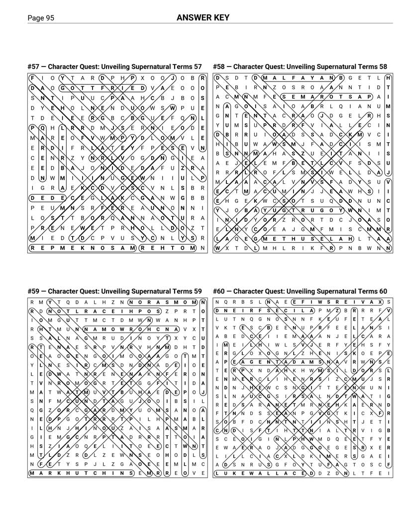 Supernatural Word Search answer key — 4 puzzle solutions per answer page